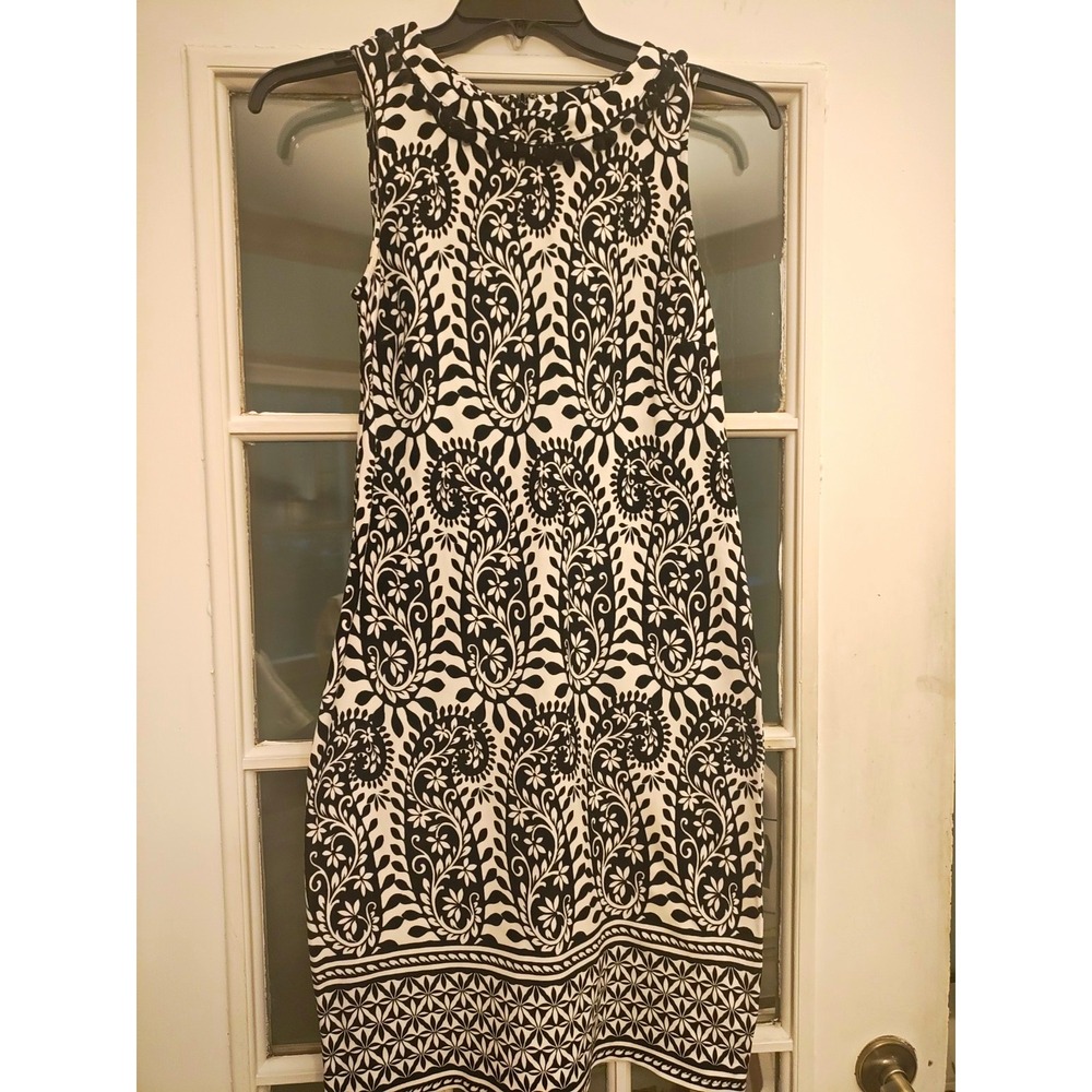 Talbots Petites MP Dress Black White Paisley Cotton Sleeveless Pom Trim Shift